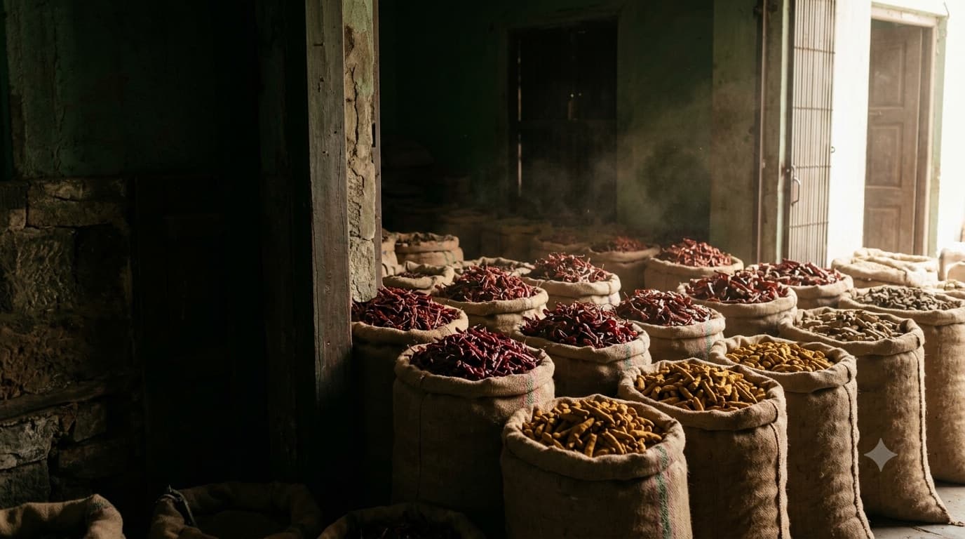 Open jute sacks of dried spices lined along the wall of an Indian warehouse, daylight falling through a doorway.