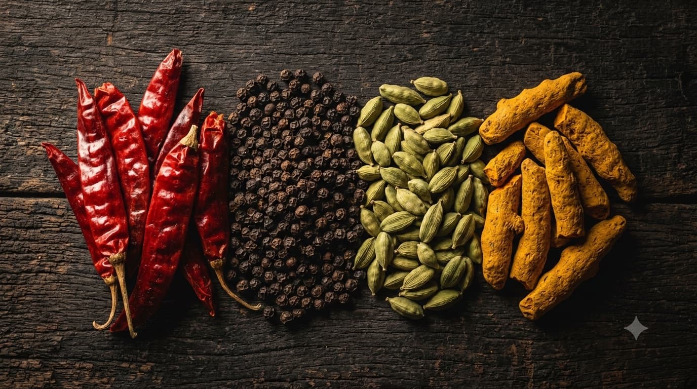 Dried red chillies, black peppercorns, green cardamom pods and turmeric fingers laid in rows on dark wood.