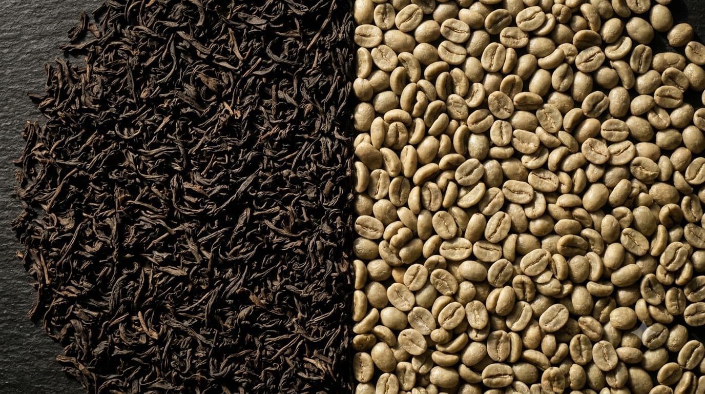 Dark curled black tea leaves on one side and pale green unroasted coffee beans on the other.